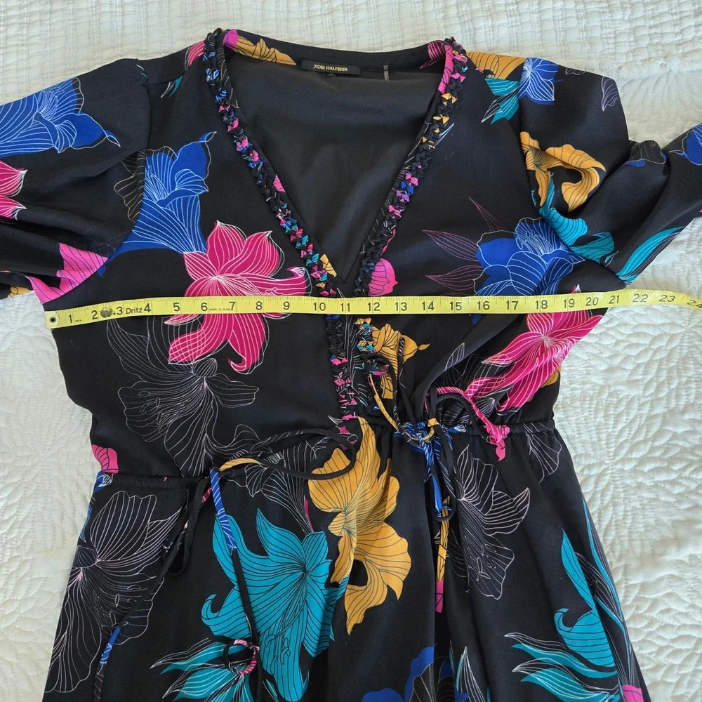 Kobi Halperin Black Floral Midi Dress Large Braided V-Neck Drawstring KP1D16 - Picture 6 of 8